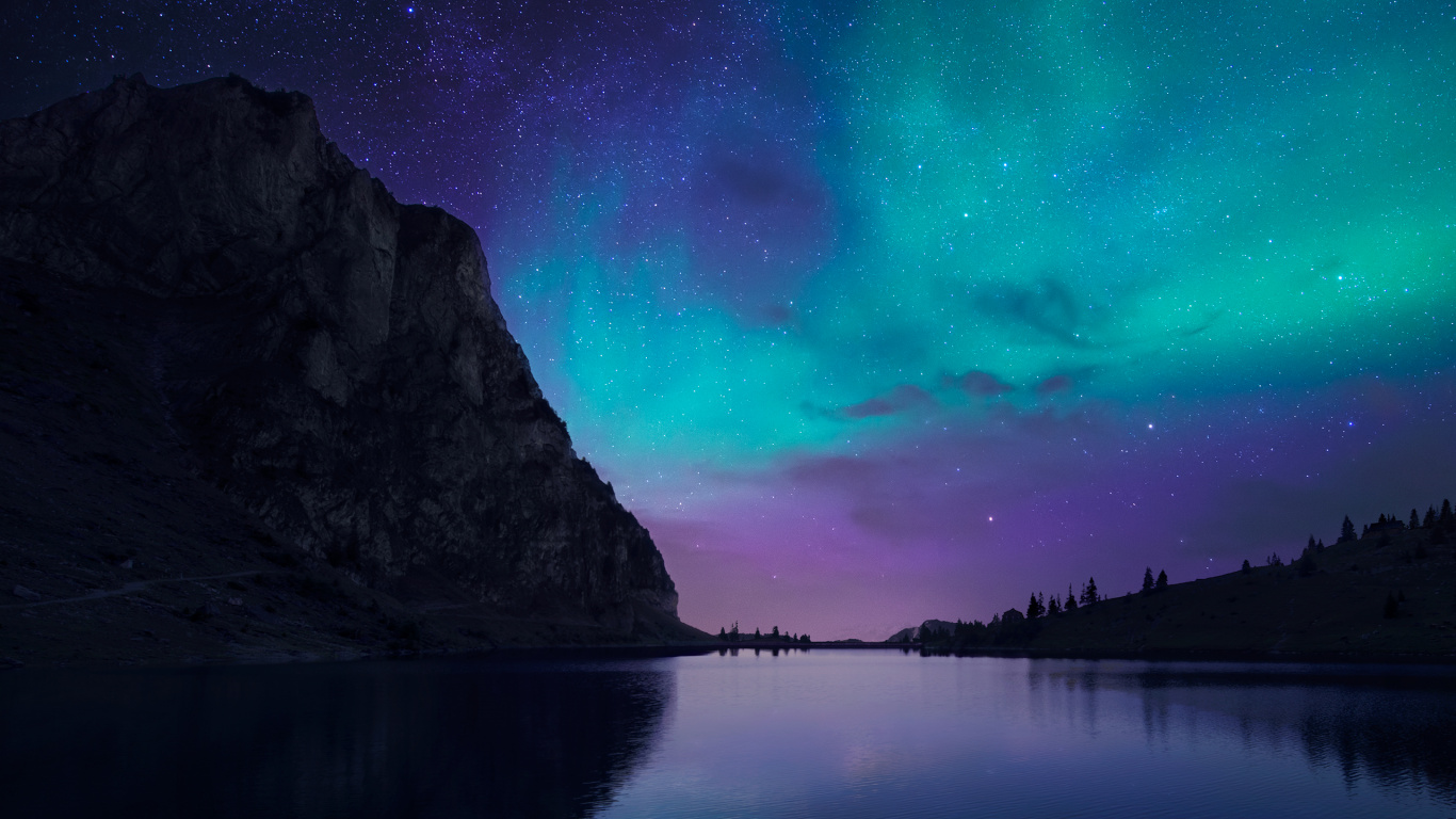 Обои Аврора, природа, ночь, атмосфера, пейзаж в разрешении 1366x768