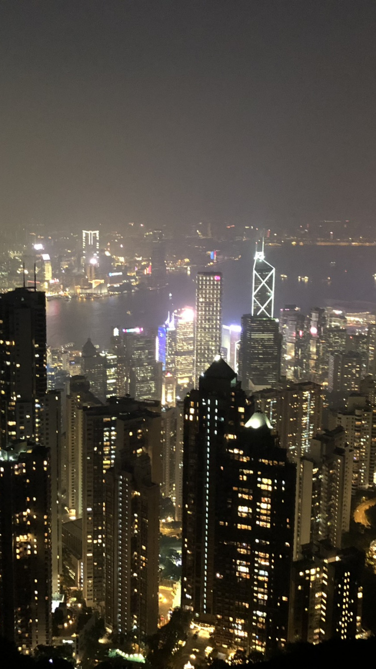 Обои Гонконг, Гавань Виктория, ночь, башня, метрополия в разрешении 750x1334