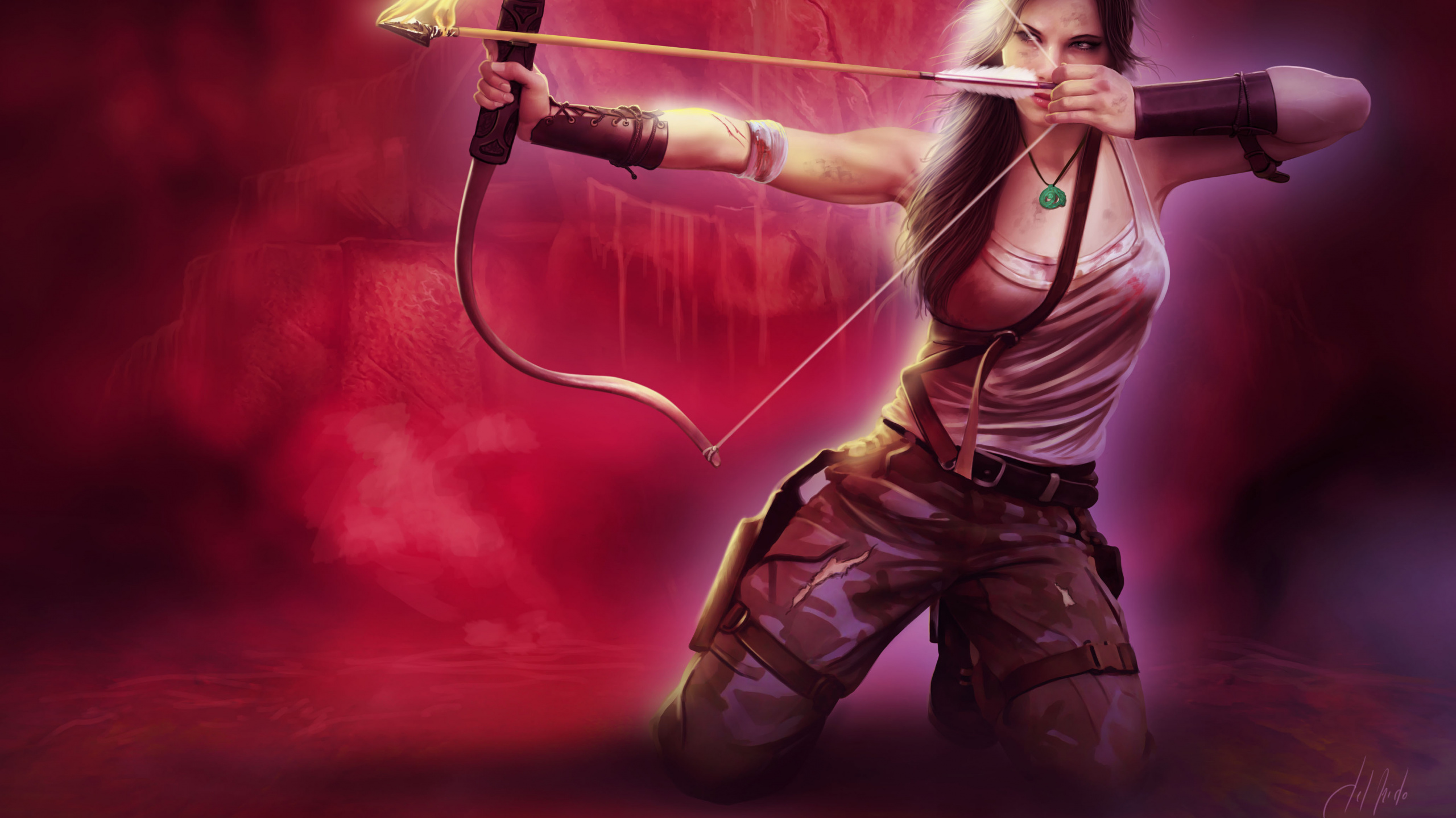 Обои девушка, стрелка, женщина воин, иллюстрация, Лук и стрелы в разрешении 2560x1440