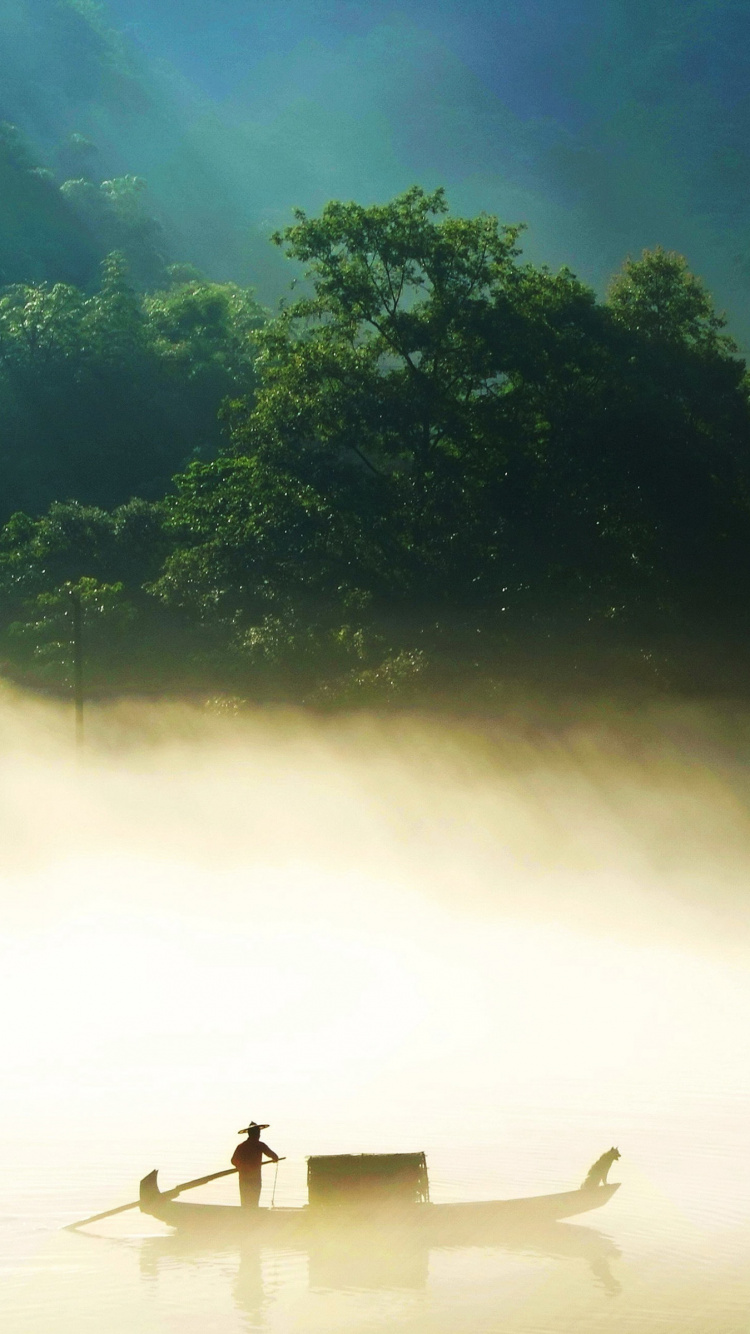 Обои природа, атмосфера, вода, утро, туман в разрешении 750x1334