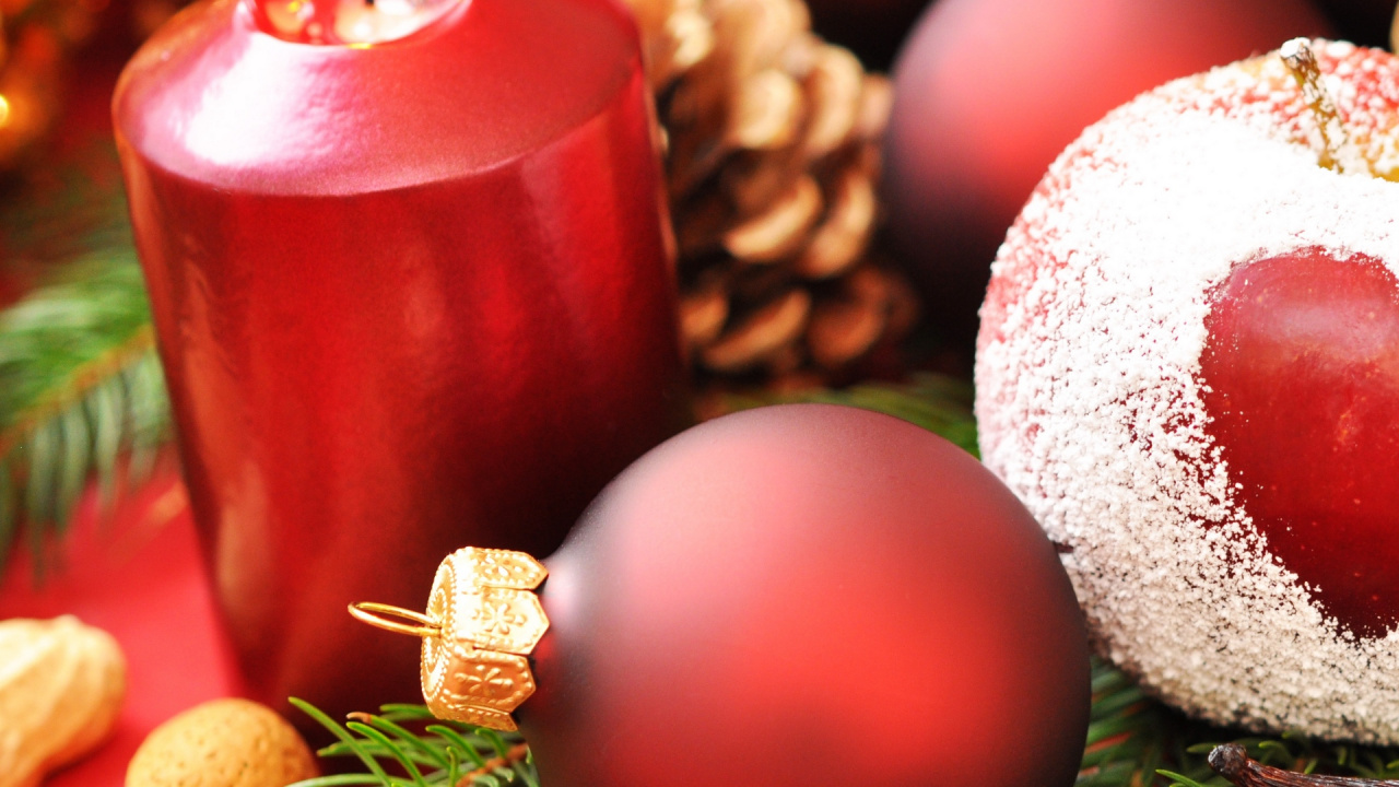 Обои Рождественский день, Новый год, рождественский орнамент, Рождественские украшения, фрукты в разрешении 1280x720