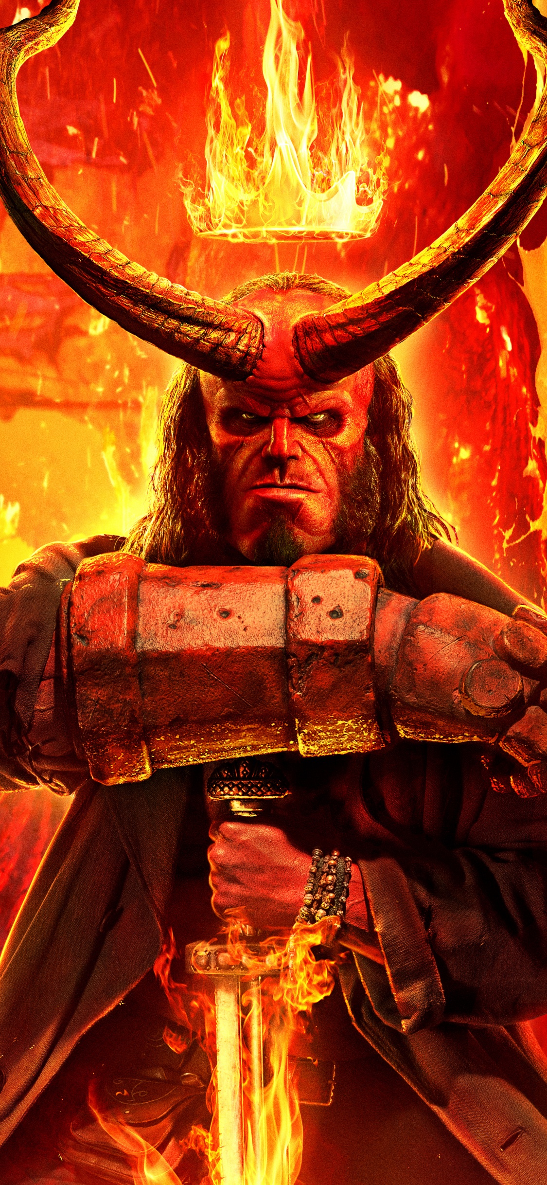 Обои Хеллбой 2019, красный цвет, Апельсин, тепло, графика в разрешении 1125x2436