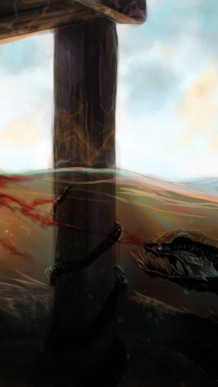 Обои рыболовство, фэнтези, живопись, пейзаж, экосистема в разрешении 720x1280