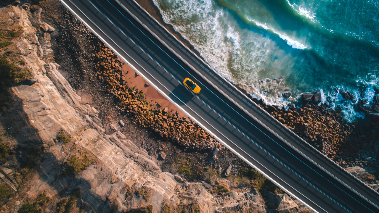 Обои вид с воздуха, дорога, гидроресурсы, вода, дорожное покрытие в разрешении 1280x720