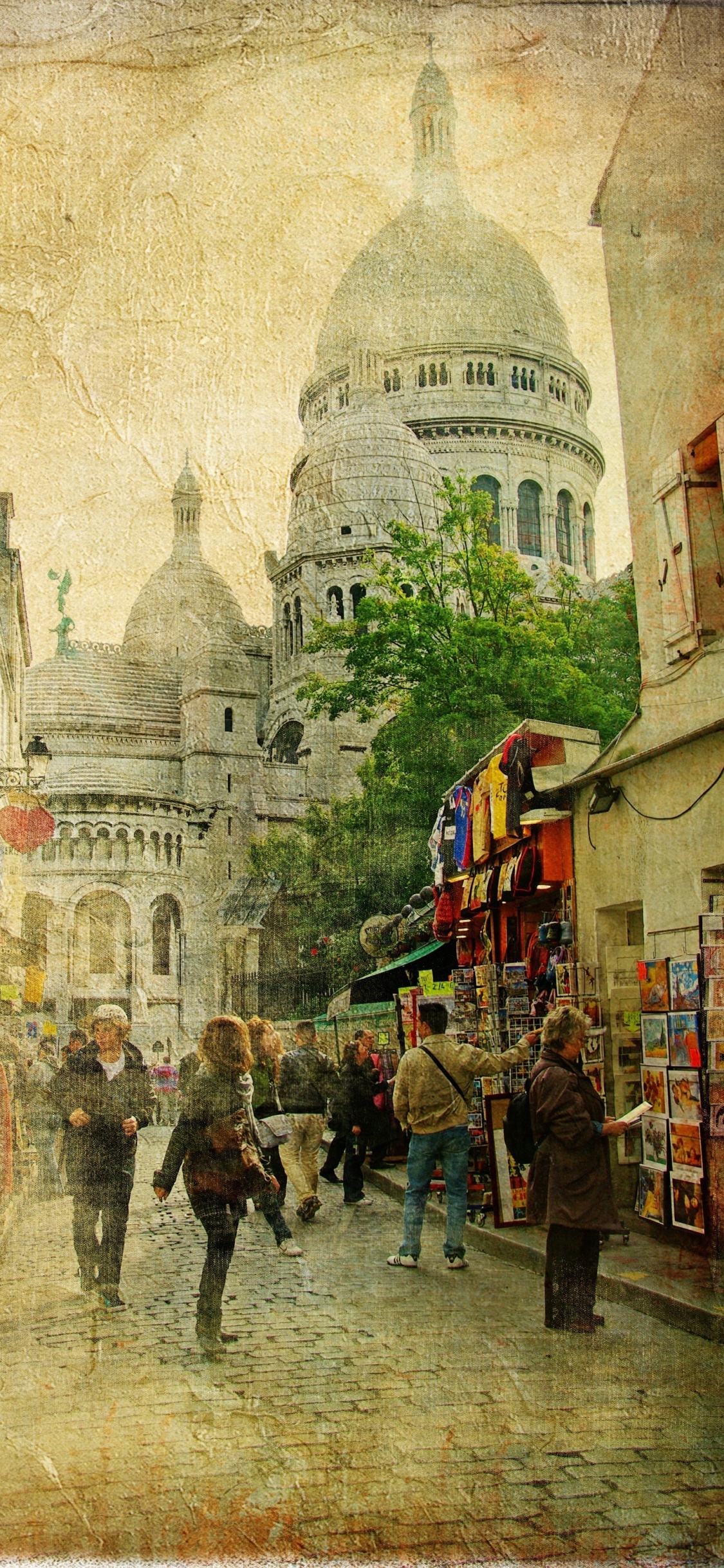 Обои живопись, арт, двор, Париж, произведение искусства в разрешении 1125x2436