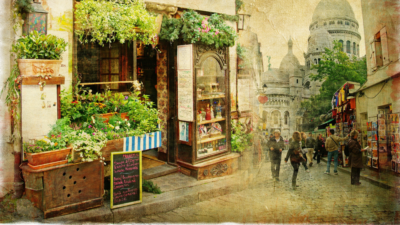 Обои живопись, арт, двор, Париж, произведение искусства в разрешении 1366x768