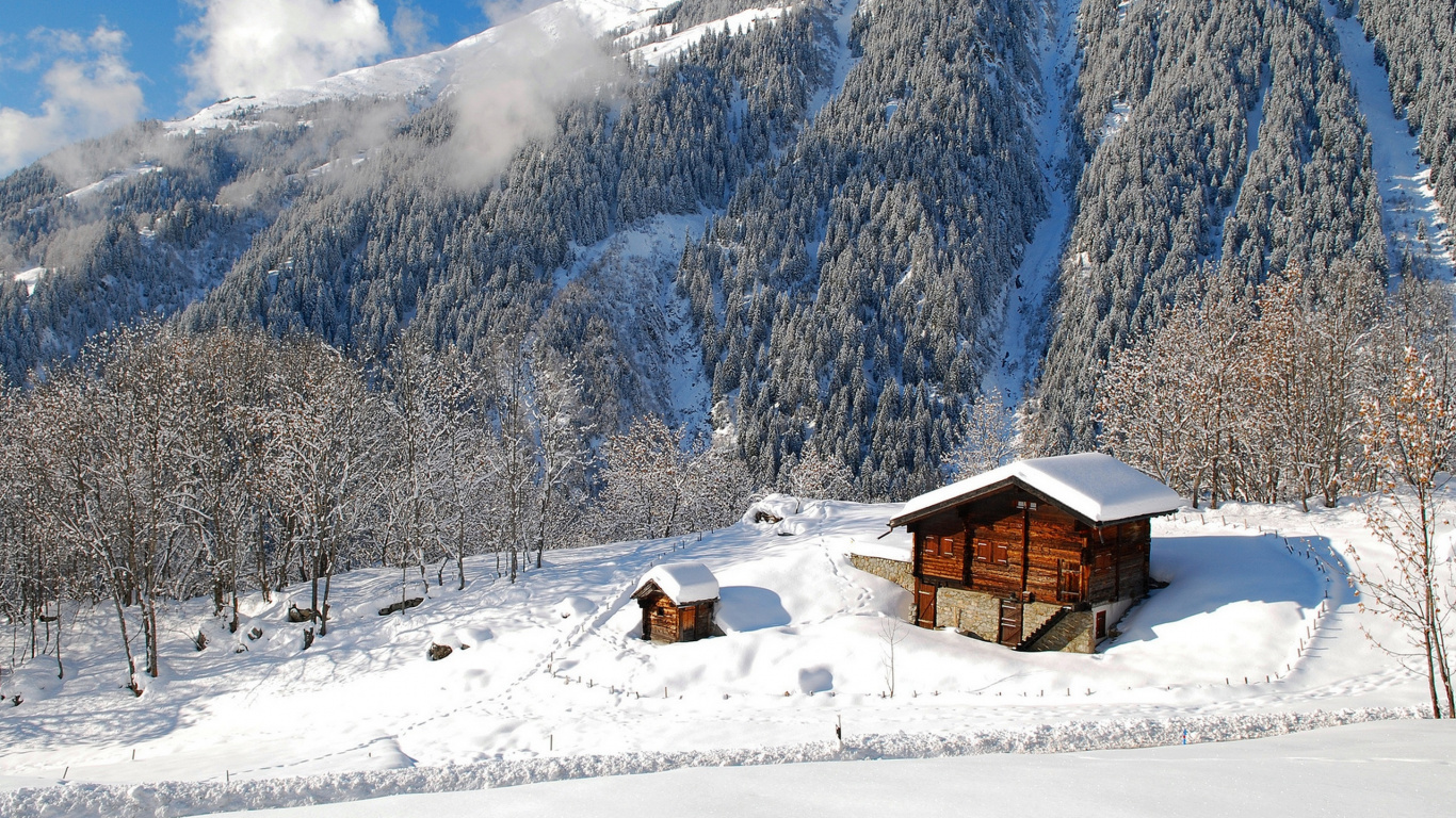 Обои снег, зима, гора, горный рельеф, горный хребет в разрешении 1366x768