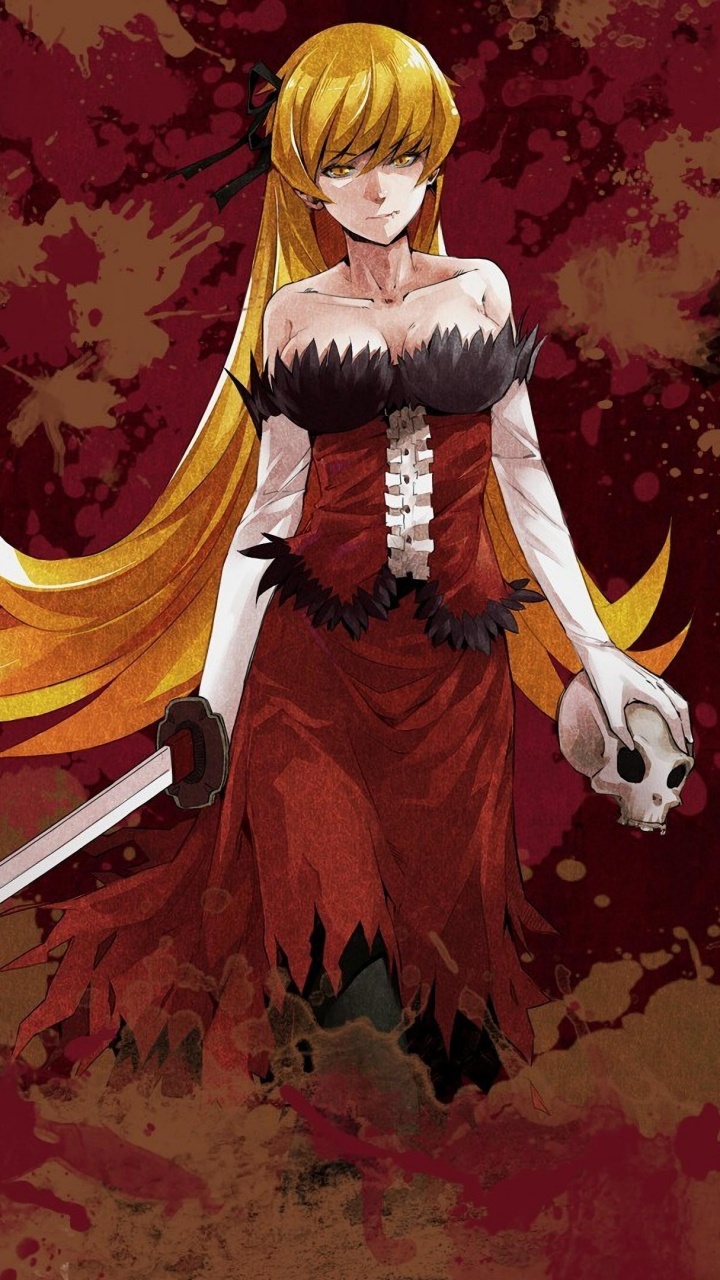 Обои Kizumonogatari, аниме, красный цвет, иллюстрация, арт в разрешении 720x1280