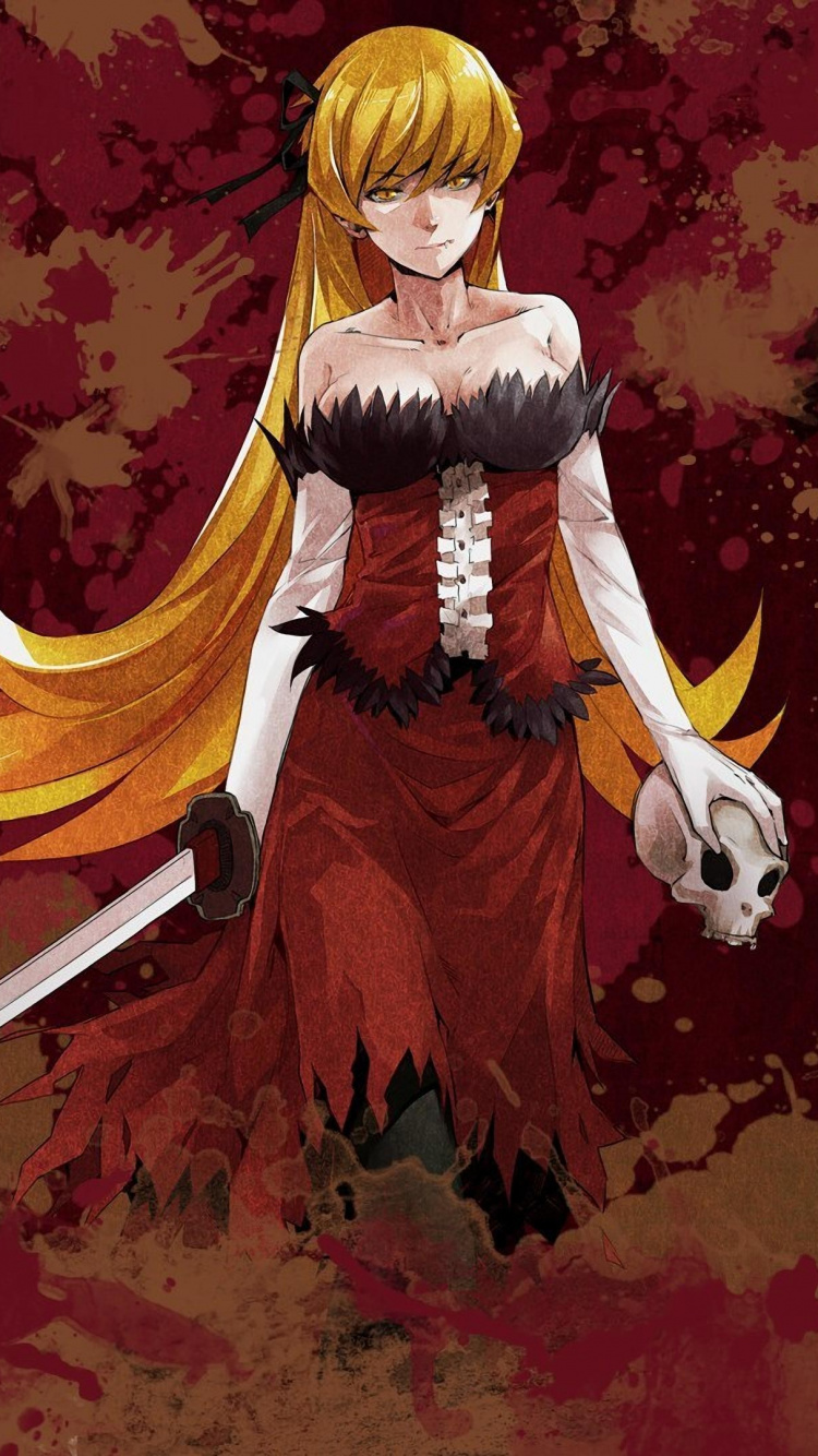 Обои Kizumonogatari, аниме, красный цвет, иллюстрация, арт в разрешении 750x1334