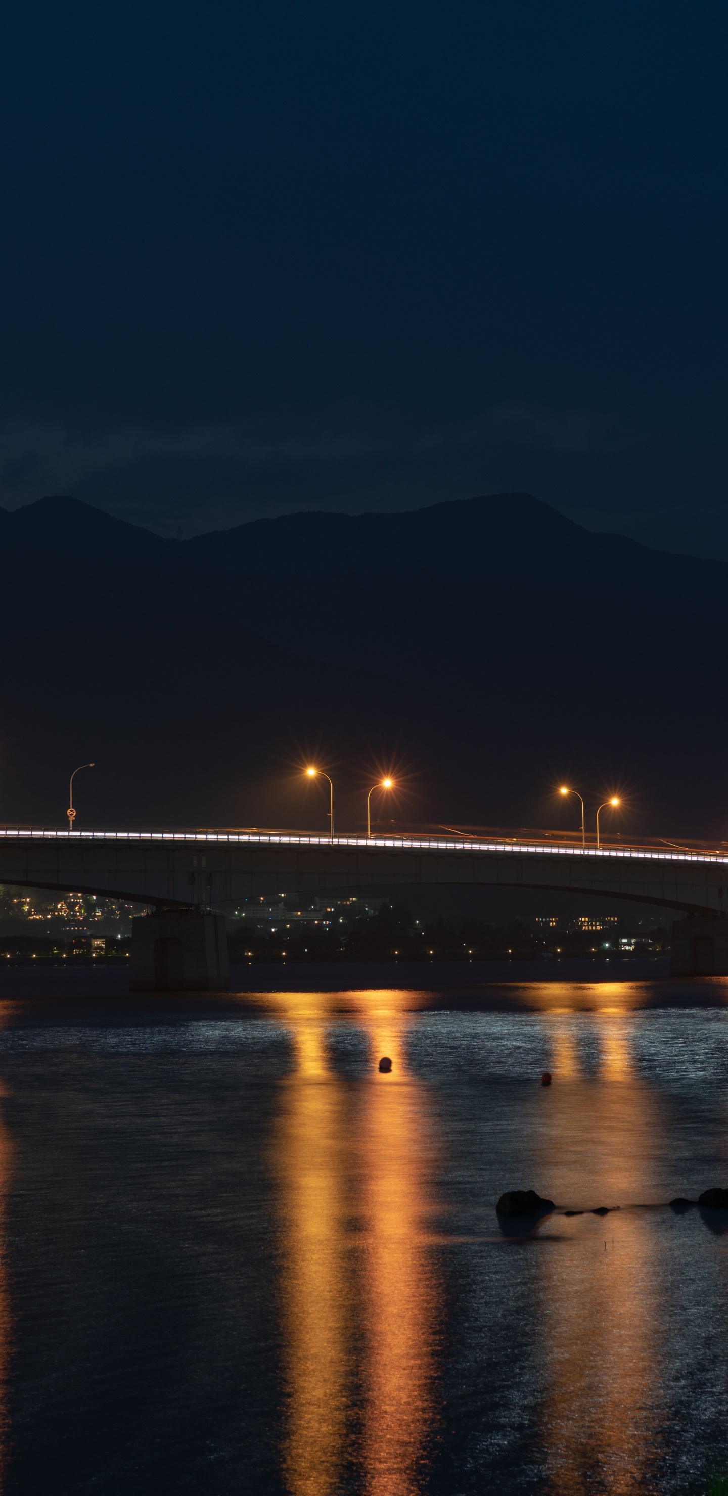 Обои освещение, свет, ночь, вода, мост в разрешении 1440x2960