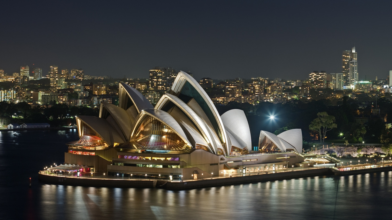 Обои сиднейский оперный театр, мост Харбор Бридж, ориентир, городской пейзаж, ночь в разрешении 1366x768