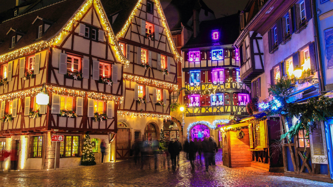 Обои Christkindelsmrik Страсбург, Рождественский рынок, Рождественский день, ночь, городок в разрешении 1280x720