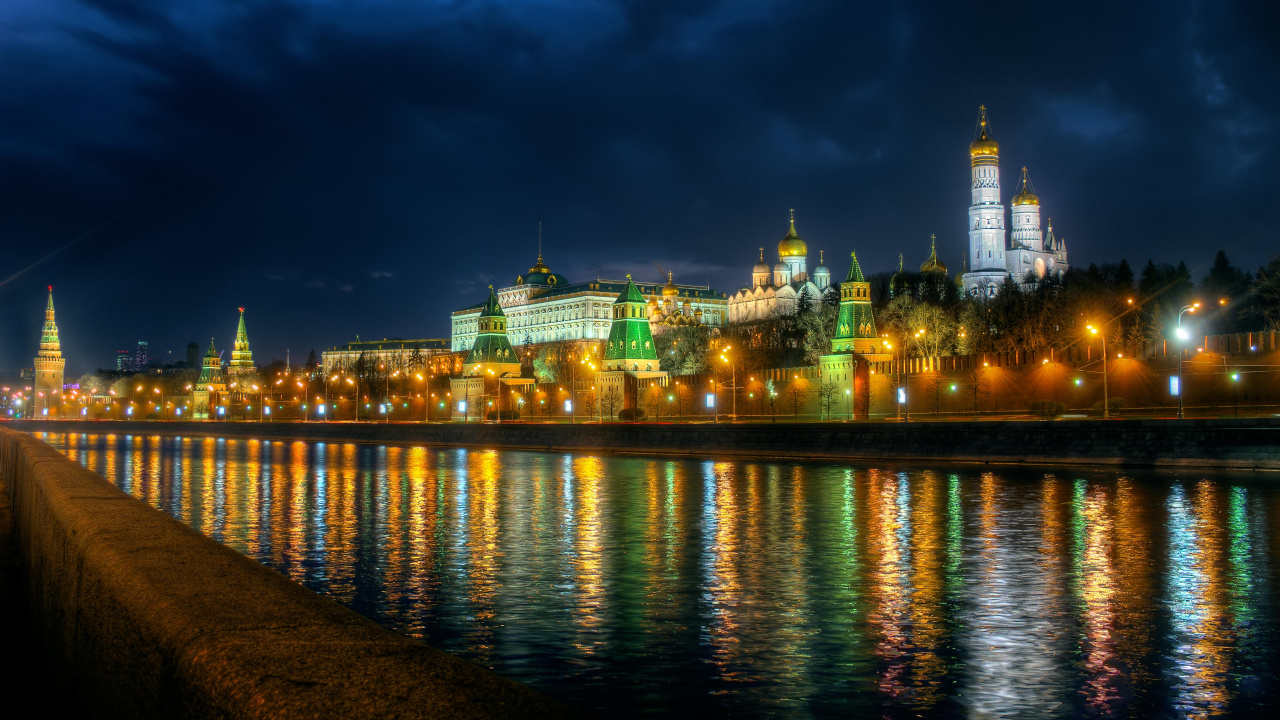 Обои Москва-река, ночь, ориентир, город, городской пейзаж в разрешении 1280x720
