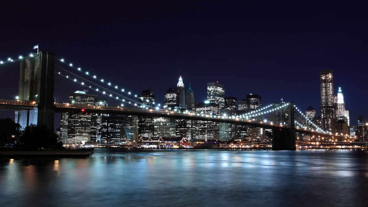 Обои Бруклинский мост, город, городской пейзаж, ночь, линия горизонта в разрешении 1280x720