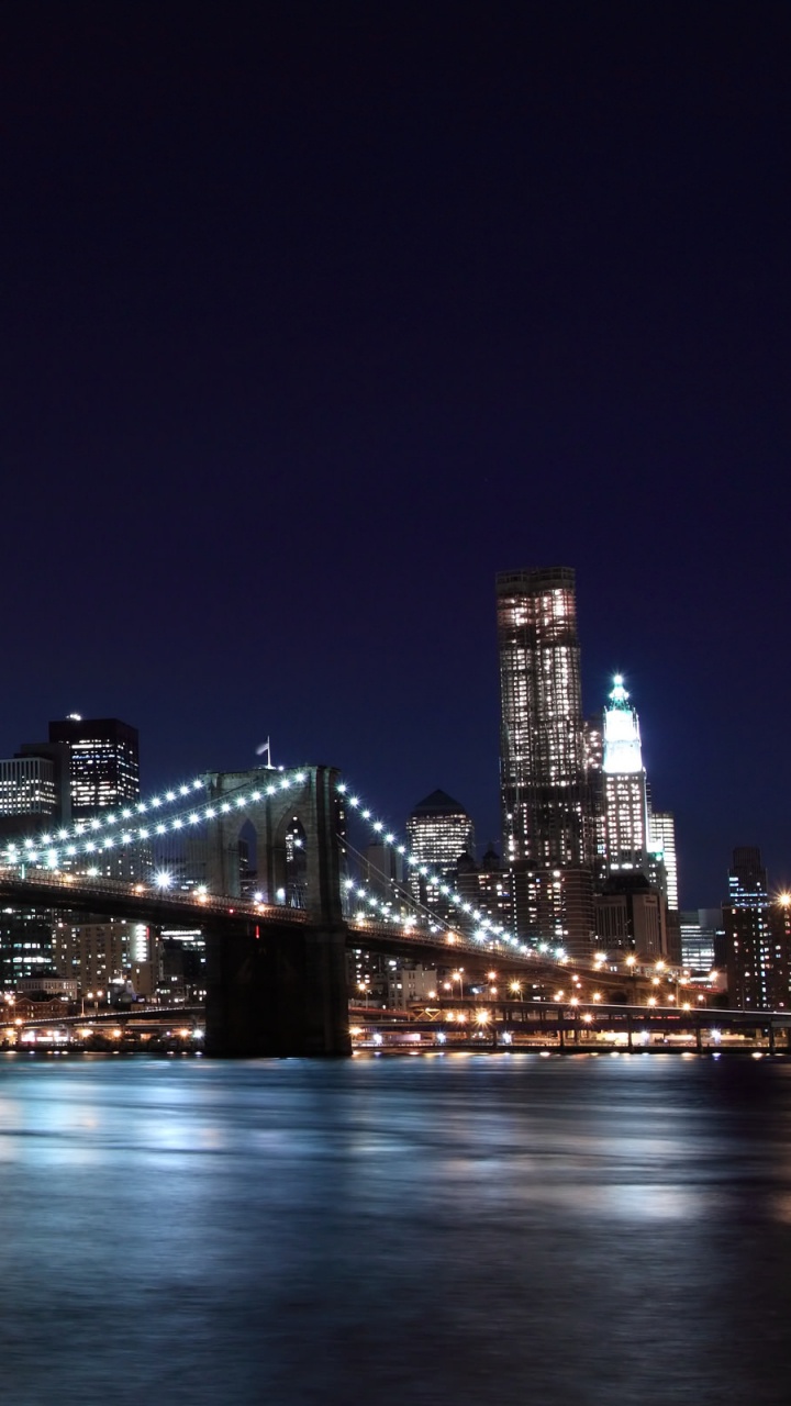 Обои Бруклинский мост, город, городской пейзаж, ночь, линия горизонта в разрешении 720x1280