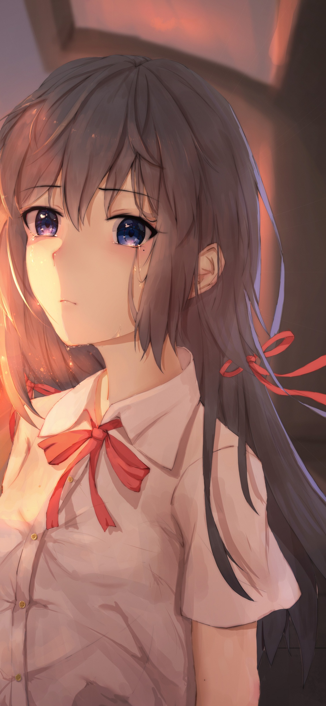 Обои аниме, снимок, длинные волосы, химэ вырезать, каштановые волосы в разрешении 1125x2436