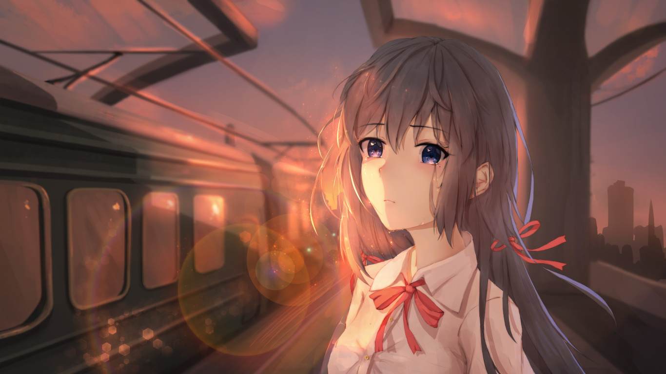 Обои аниме, снимок, длинные волосы, химэ вырезать, каштановые волосы в разрешении 1366x768