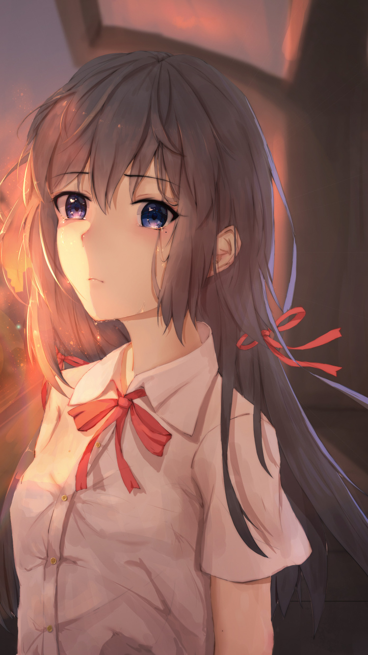 Обои аниме, снимок, длинные волосы, химэ вырезать, каштановые волосы в разрешении 750x1334