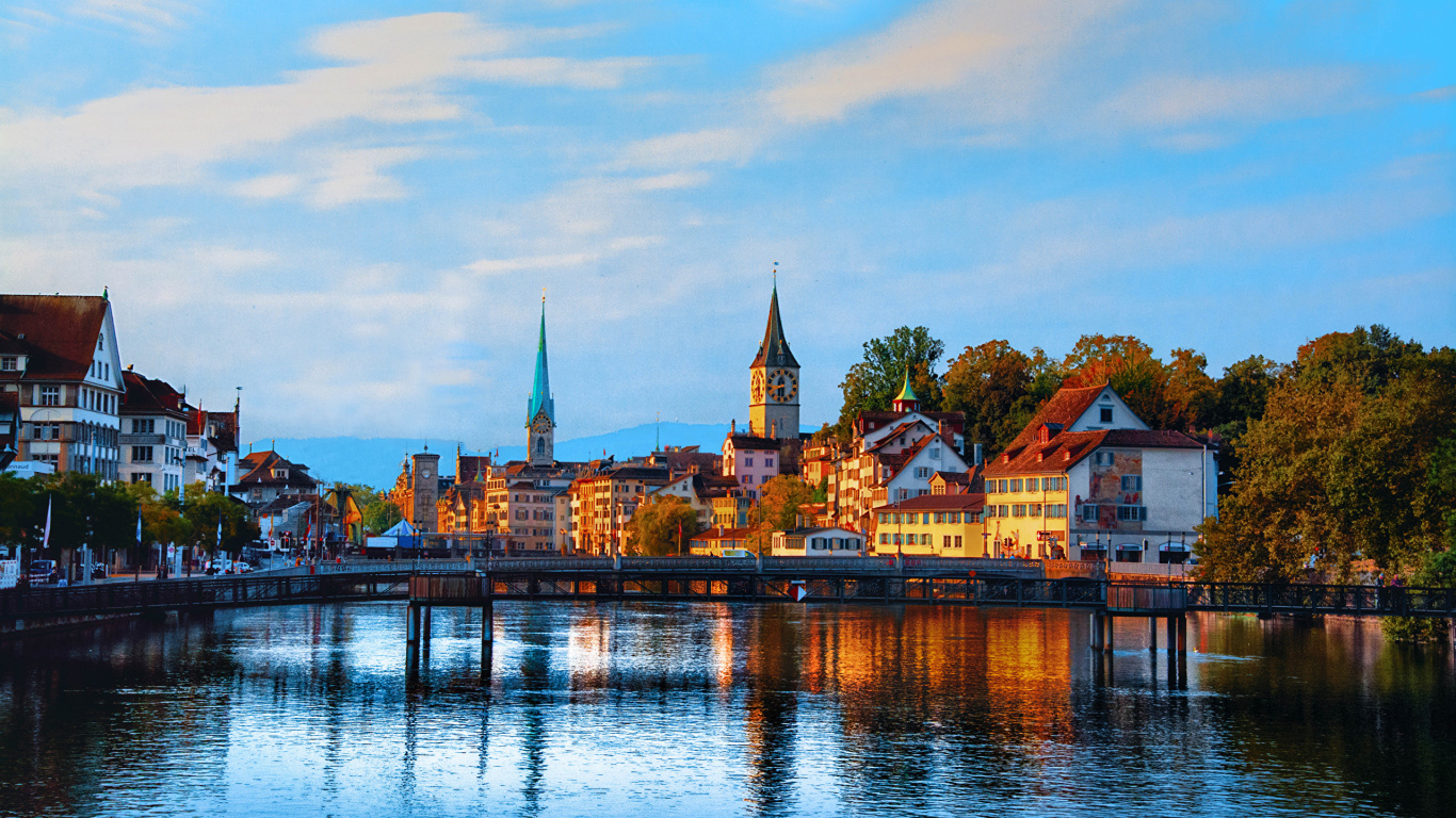 Обои вода, отражение, ориентир, городок, водный путь в разрешении 1366x768