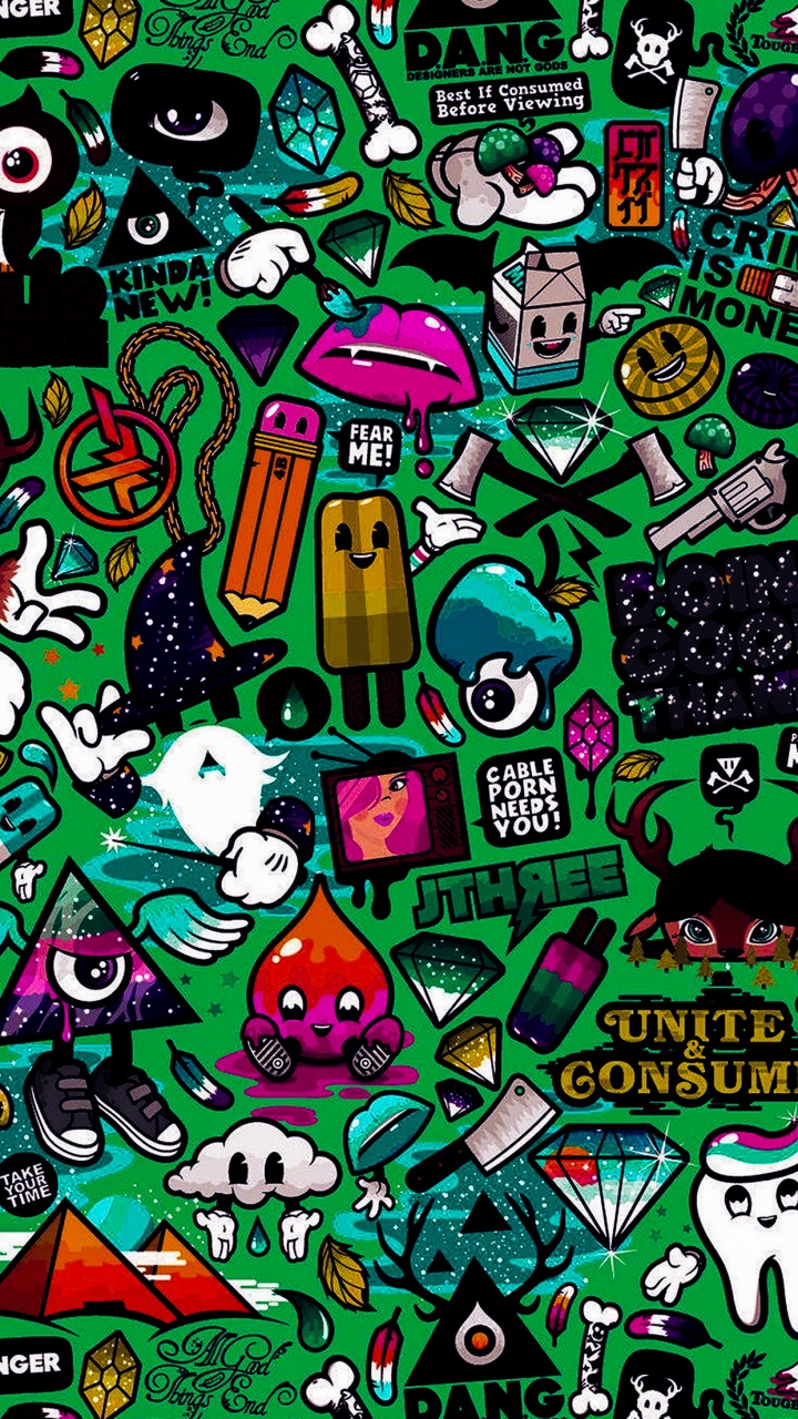 Обои высшее граффити, уличное искусство, граффити, мультфильм, арт в разрешении 720x1280