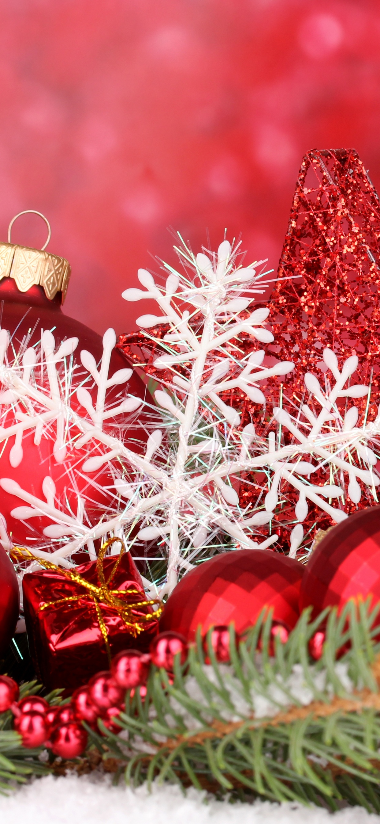 Обои Рождественский день, Новый год, рождественский орнамент, Рождественские украшения, красный цвет в разрешении 1242x2688