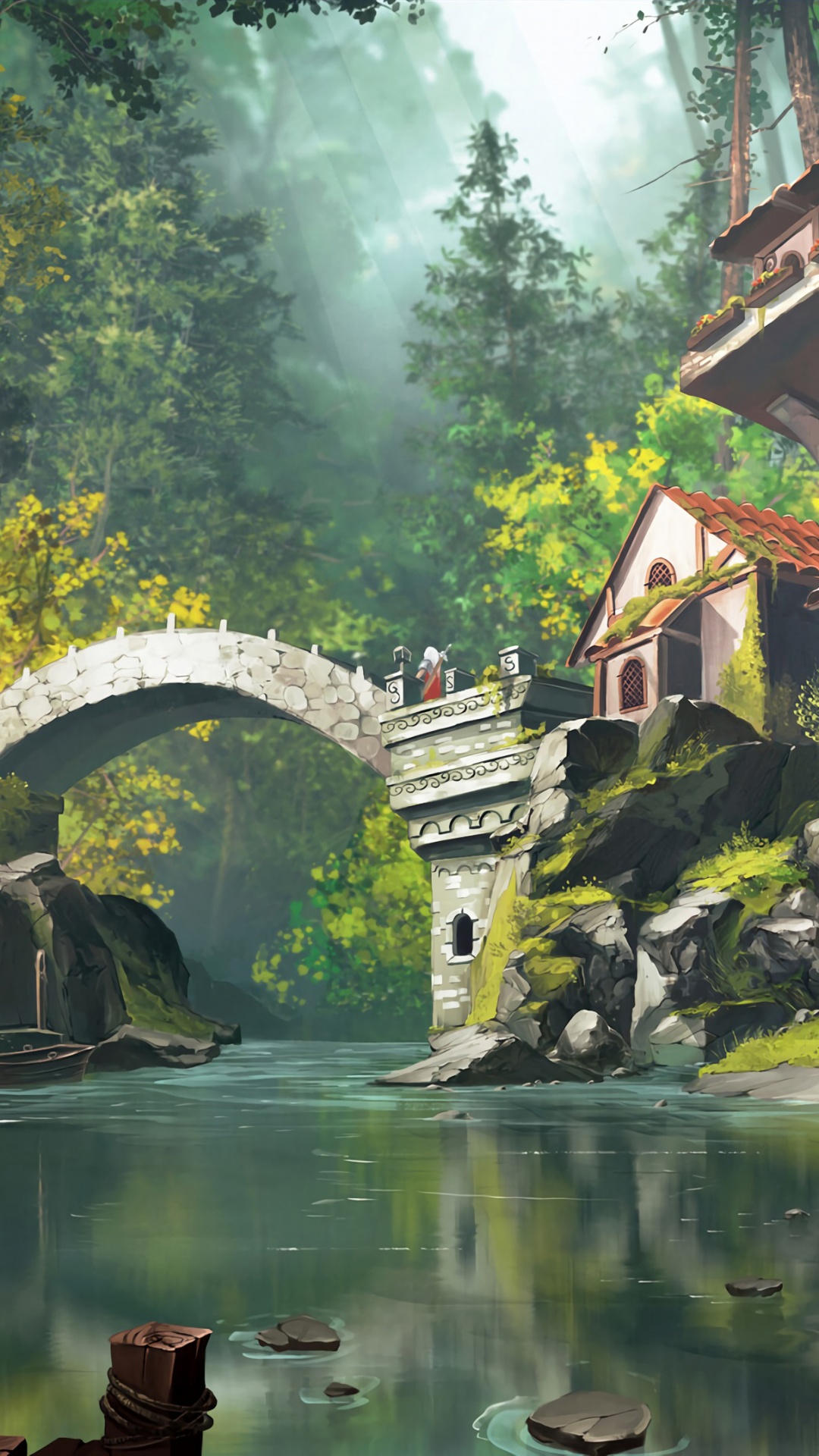 Обои природный ландшафт, иллюстрация, отражение, акварельные краски, живопись в разрешении 1080x1920