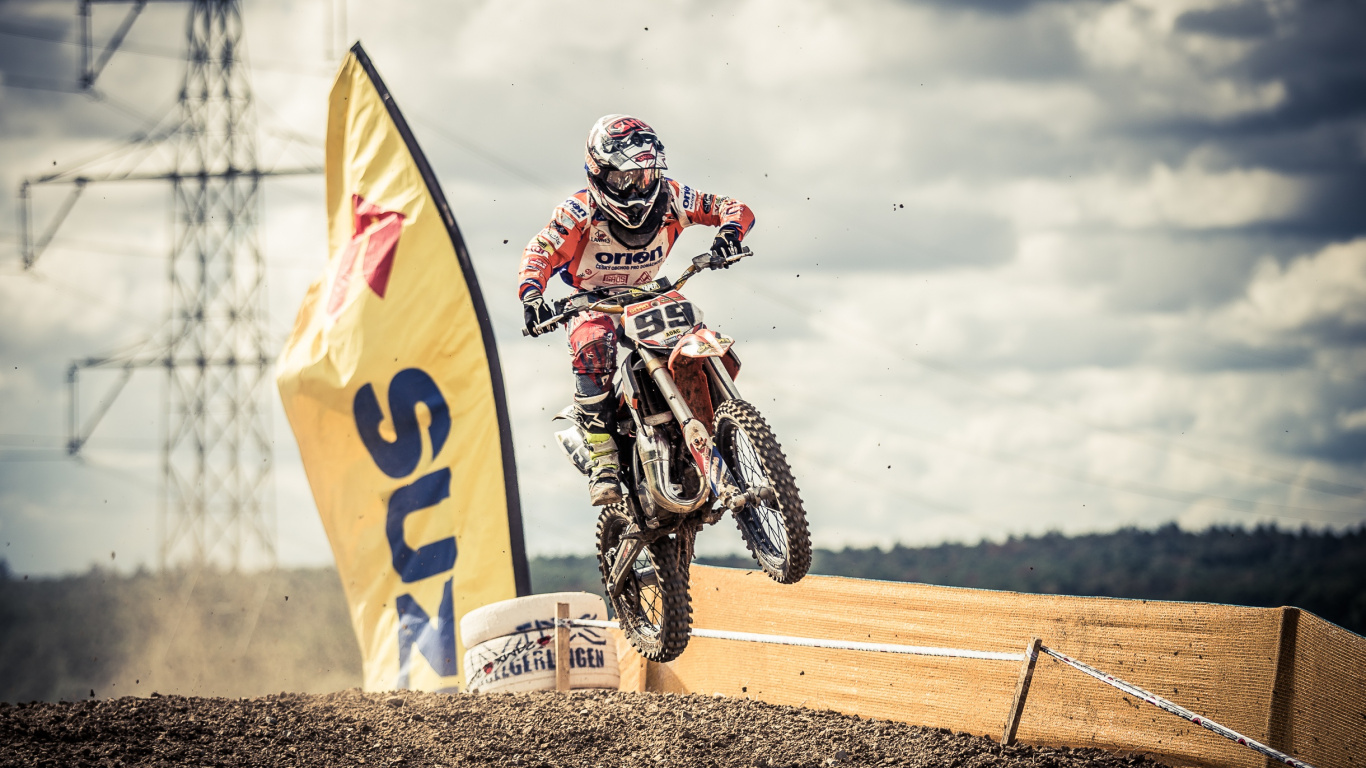 Обои Фристайл мотокросс, мотокросс, гоночный, экстремальный вид спорта, гонки на мотоциклах в разрешении 1366x768
