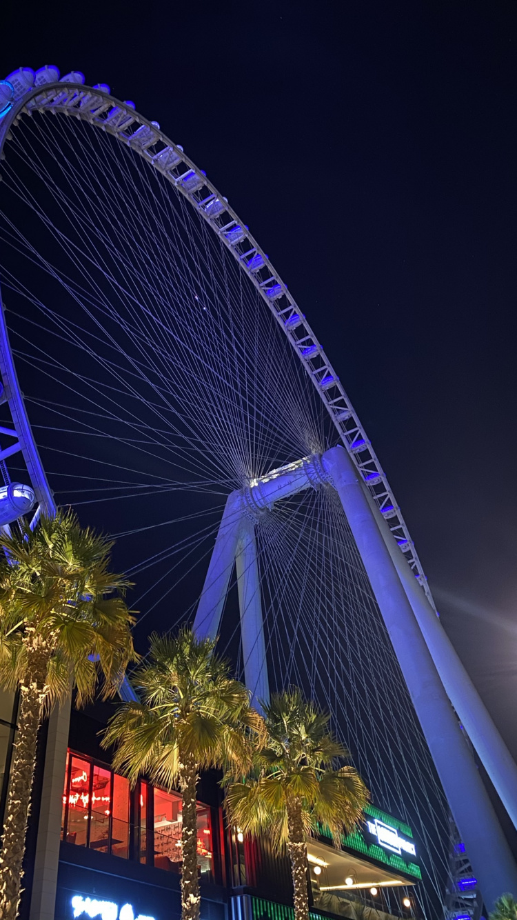 Обои Дубай, колесо обозрения, ночь, метрополия, городской район в разрешении 750x1334