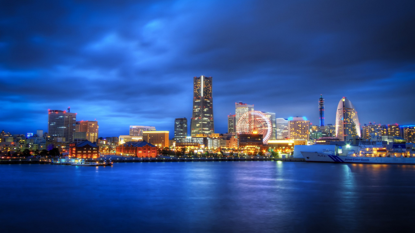 Обои йокогама, городской пейзаж, город, линия горизонта, ночь в разрешении 1366x768