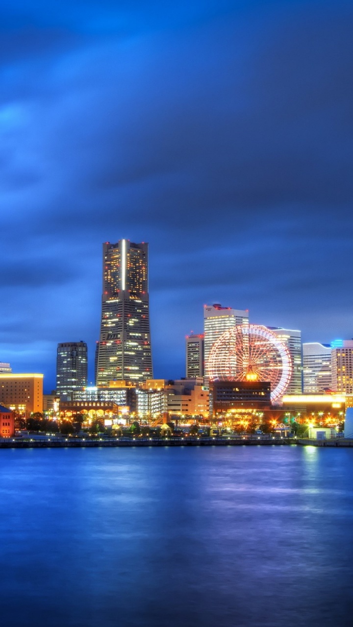 Обои йокогама, городской пейзаж, город, линия горизонта, ночь в разрешении 720x1280