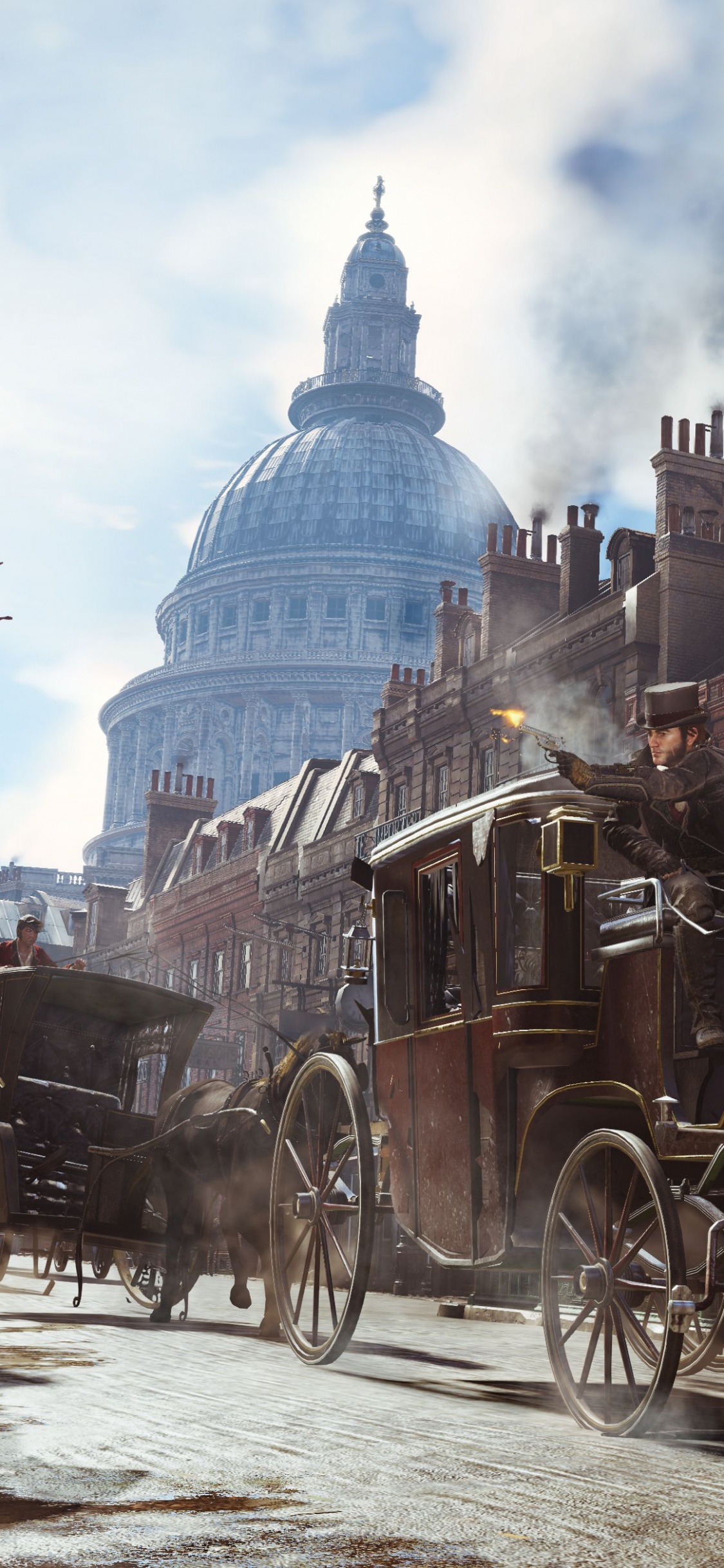 Обои assassins creed syndicate, ubisoft, перевозка, конская сбруя, колесница в разрешении 1125x2436