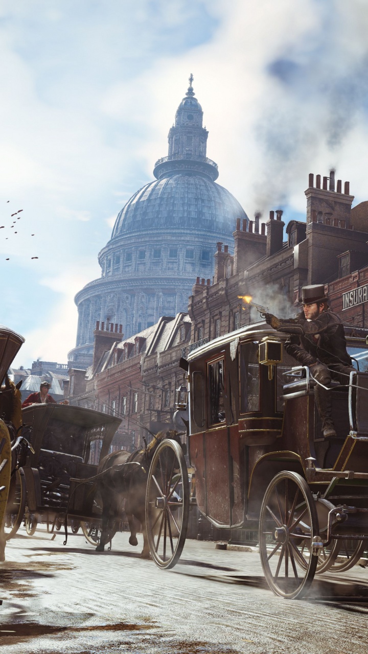 Обои assassins creed syndicate, ubisoft, перевозка, конская сбруя, колесница в разрешении 720x1280