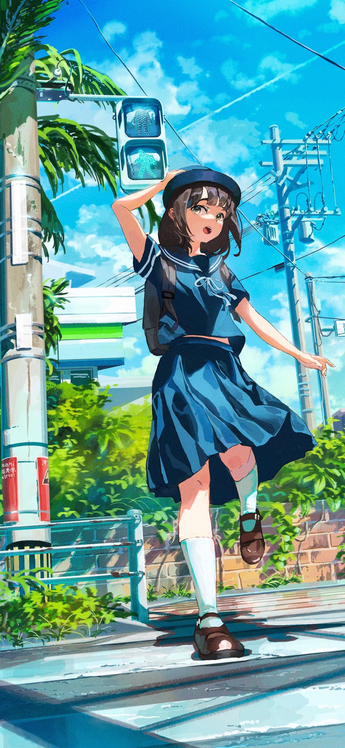 Обои аниме, дерево, арт, облако, растение в разрешении 1125x2436