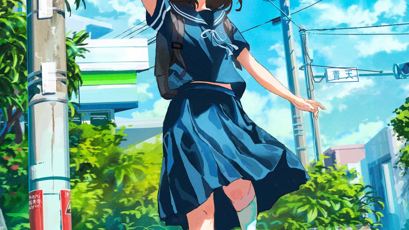 Обои аниме, дерево, арт, облако, растение в разрешении 1366x768