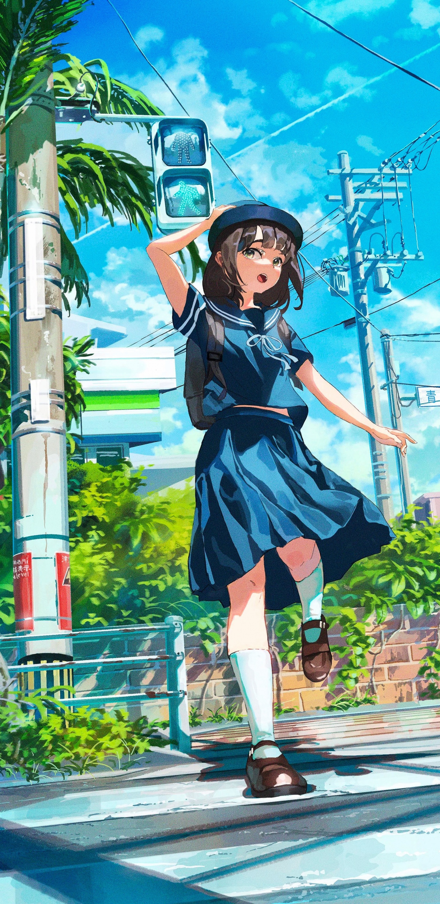 Обои аниме, дерево, арт, облако, растение в разрешении 1440x2960