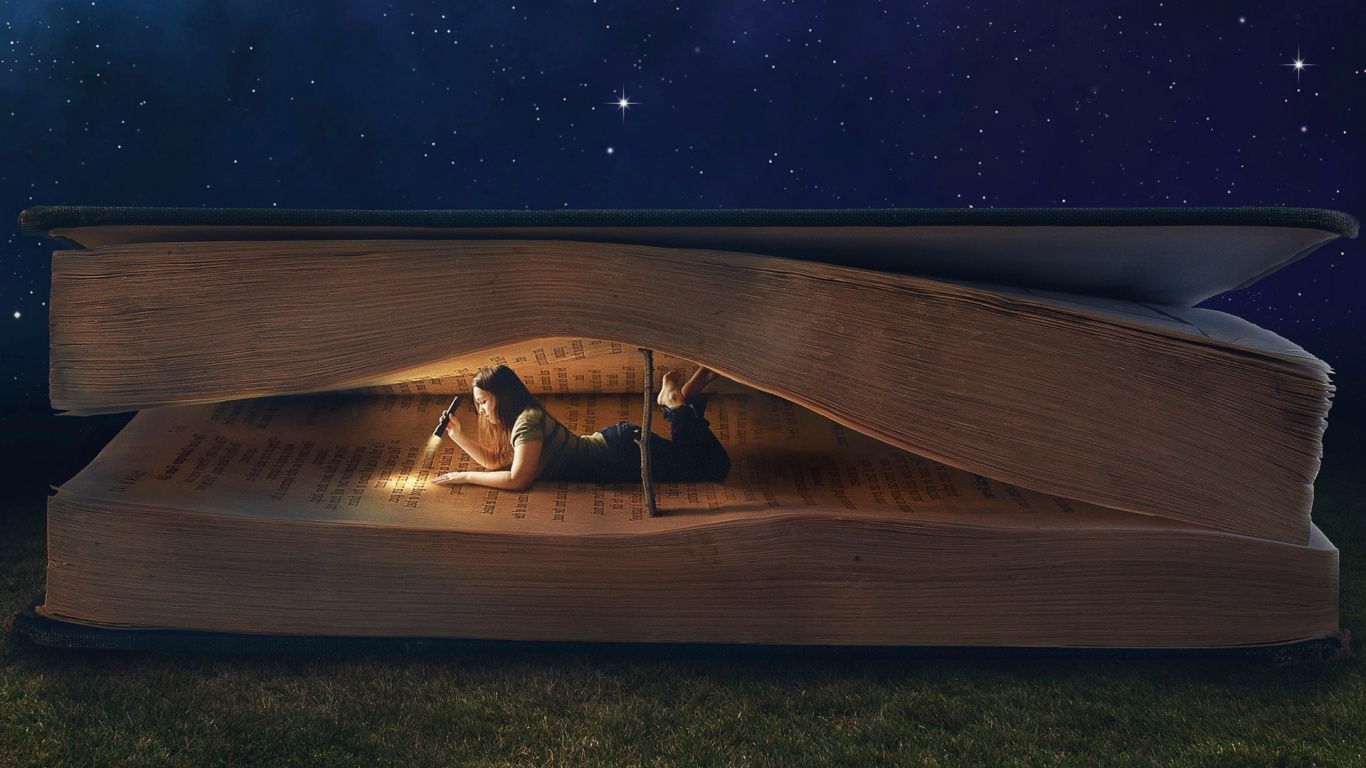 Обои чтение, книга, космос, пейзаж, небо в разрешении 1366x768