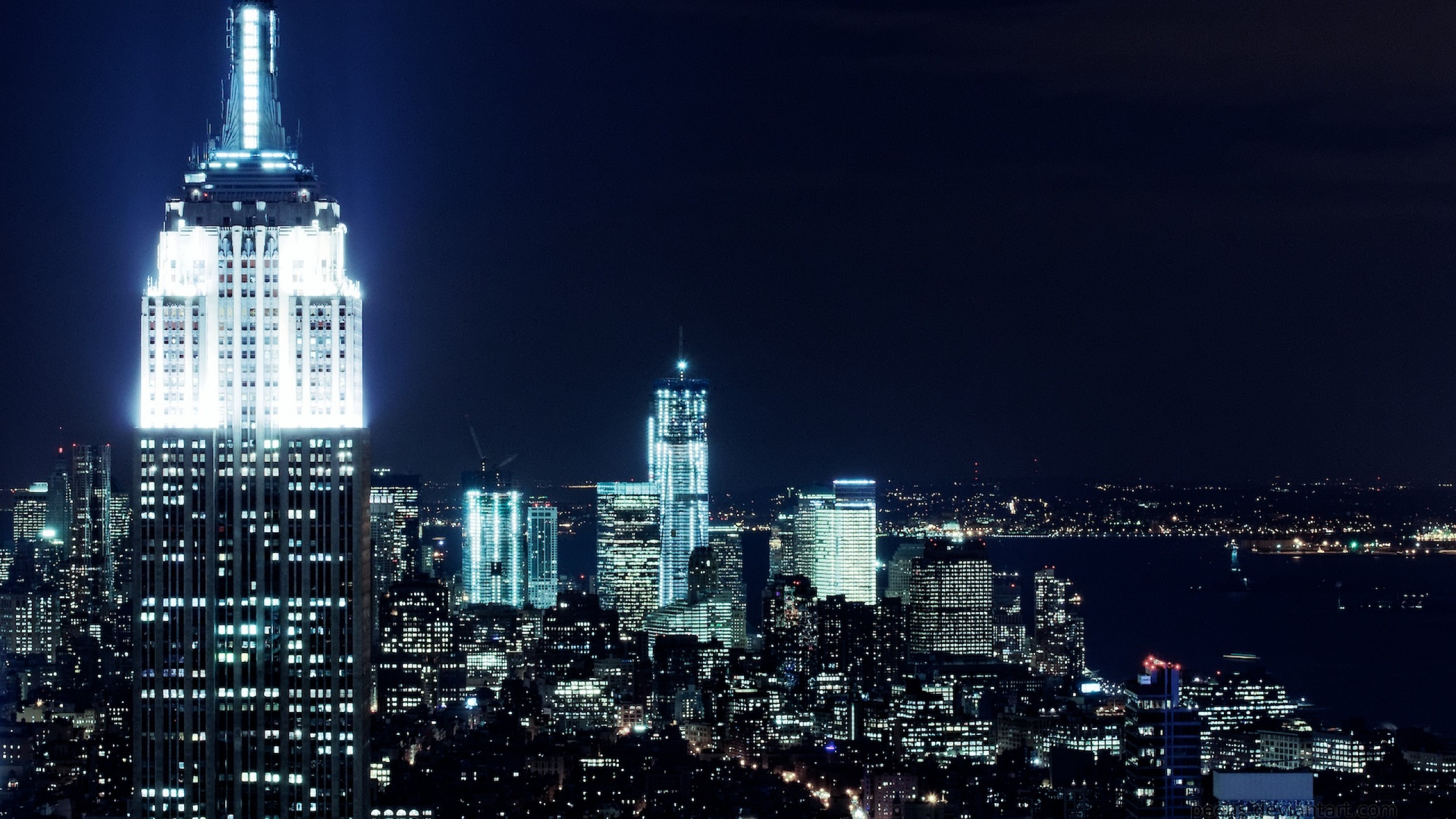 Обои Манхеттен, ночь, город, городской пейзаж, метрополия в разрешении 2560x1440