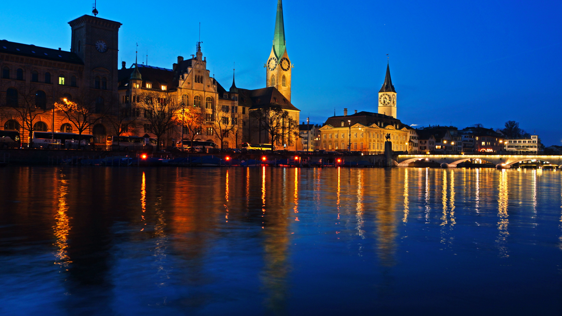 Обои Zrich, город, ночь, ориентир, отражение в разрешении 1920x1080