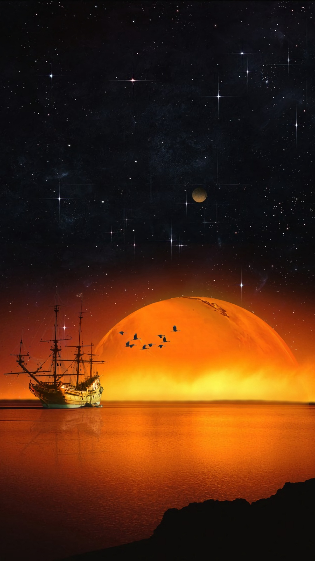 Обои горизонт, ночь, звезда, атмосфера, спокойный в разрешении 1080x1920