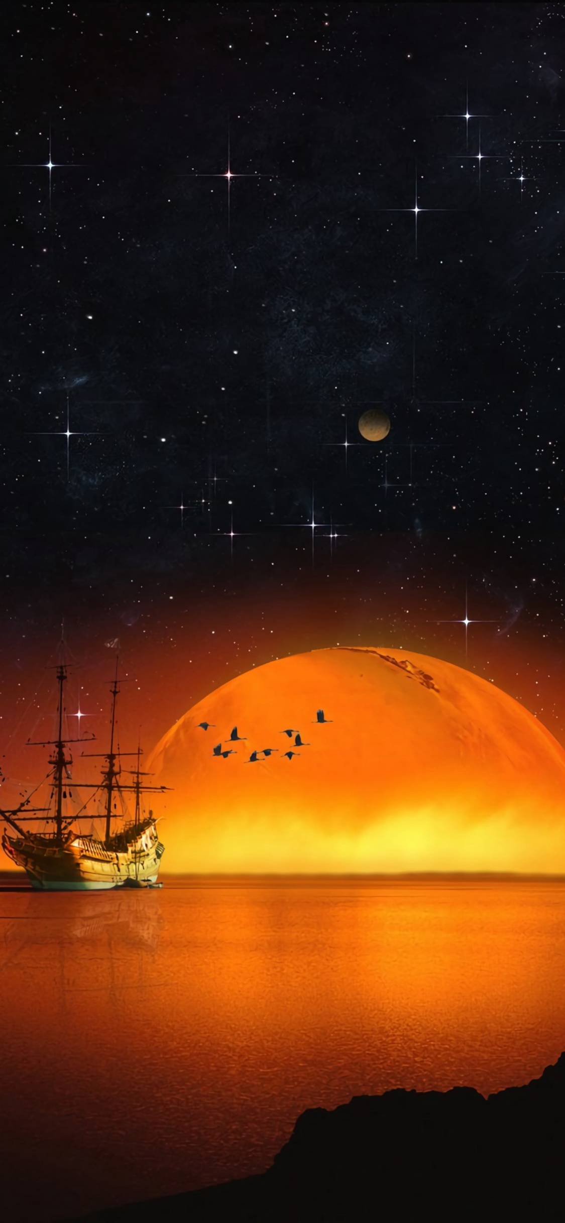 Обои горизонт, ночь, звезда, атмосфера, спокойный в разрешении 1125x2436