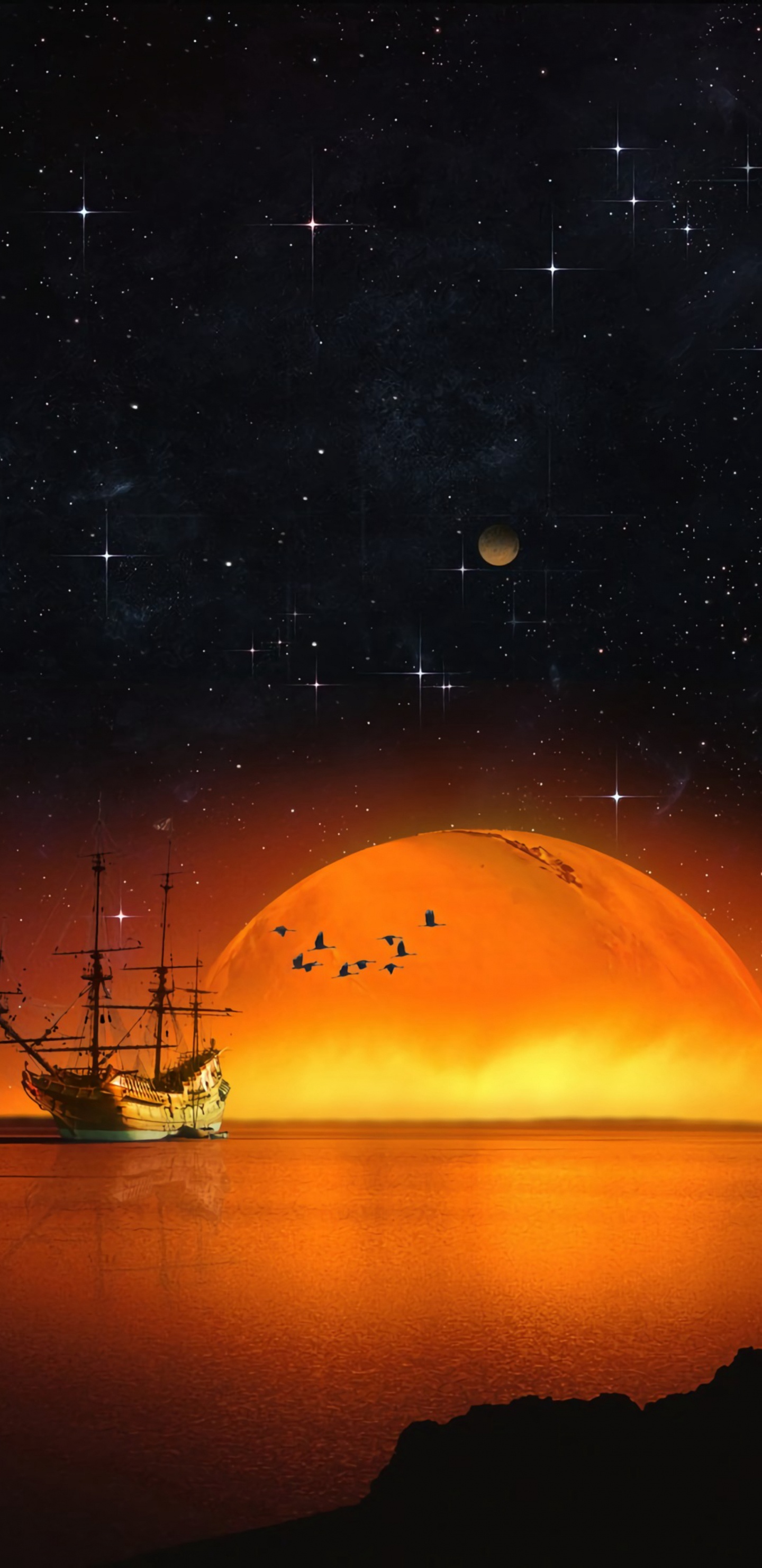 Обои горизонт, ночь, звезда, атмосфера, спокойный в разрешении 1440x2960