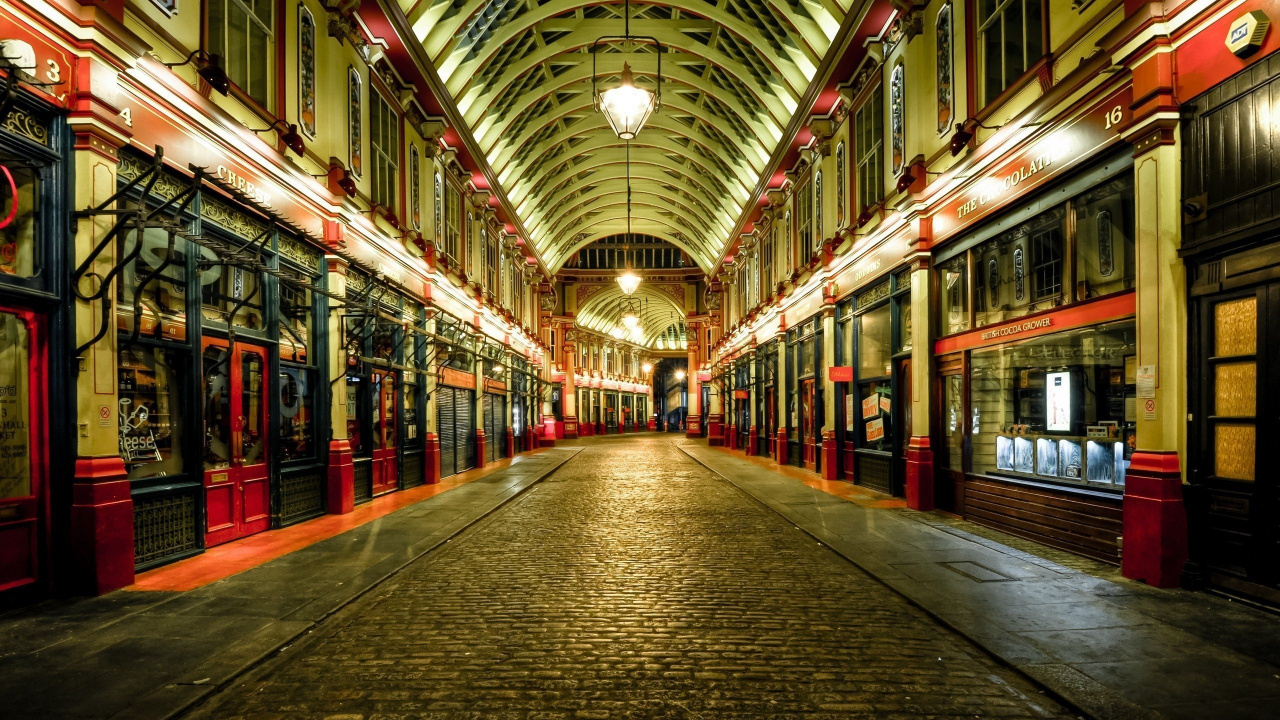 Обои рынок Лиденхолл, здание, аркада, симметрия, ночь в разрешении 1280x720