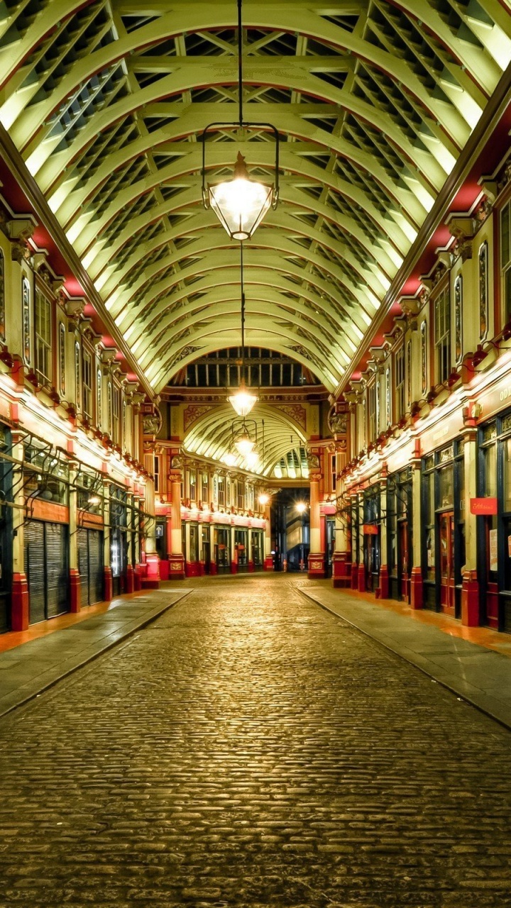 Обои рынок Лиденхолл, здание, аркада, симметрия, ночь в разрешении 720x1280