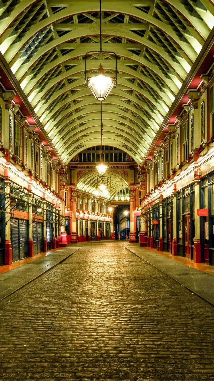Обои рынок Лиденхолл, здание, аркада, симметрия, ночь в разрешении 750x1334