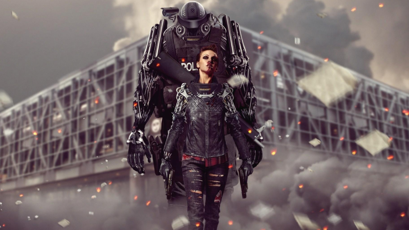 Обои тьма, дым, полиция, зенитки, робот в разрешении 1366x768