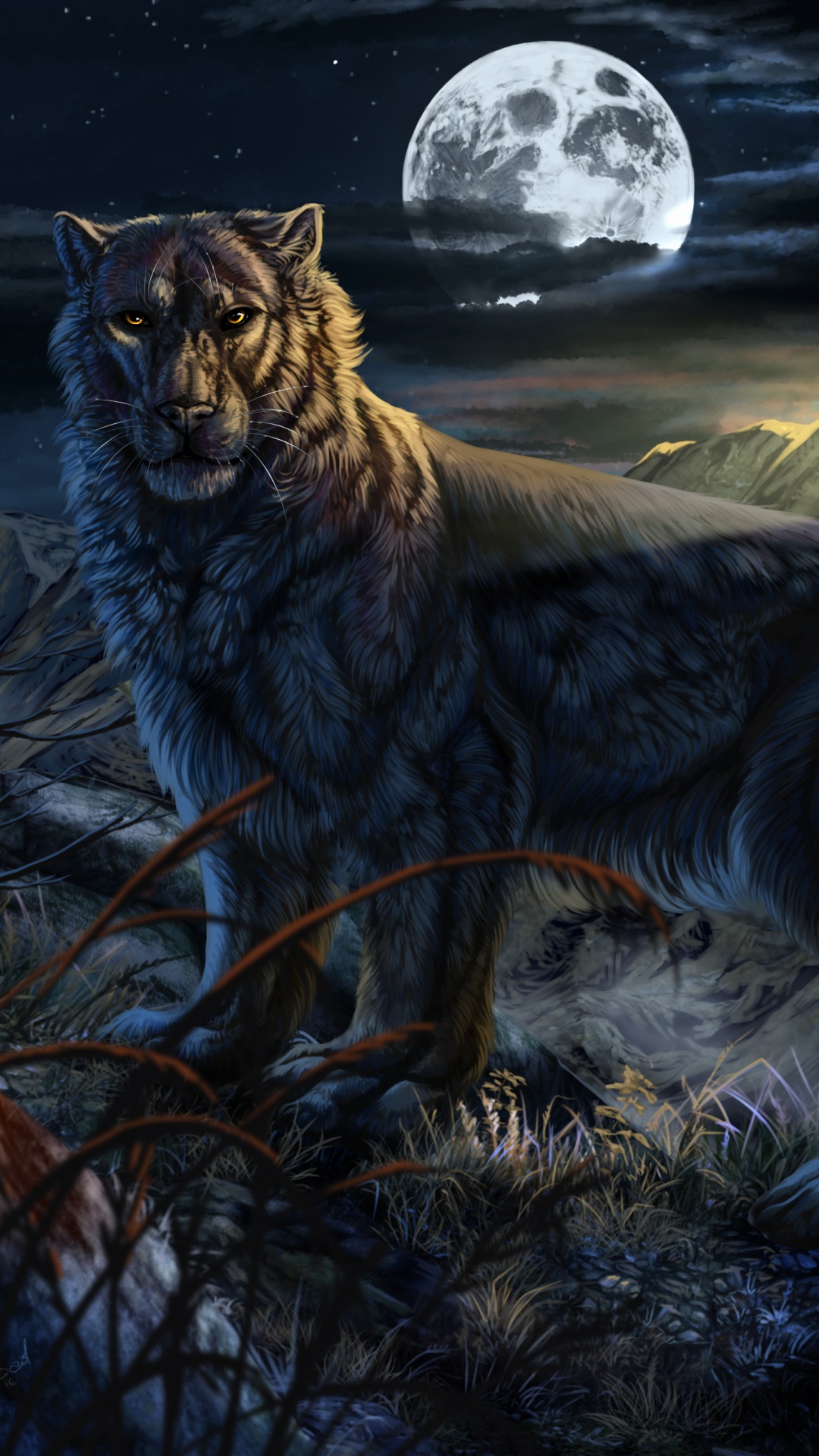 Обои живопись, арт, артист, небесное явление, волк в разрешении 1080x1920