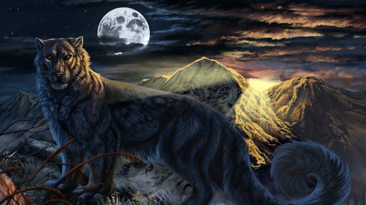 Обои живопись, арт, артист, небесное явление, волк в разрешении 1280x720