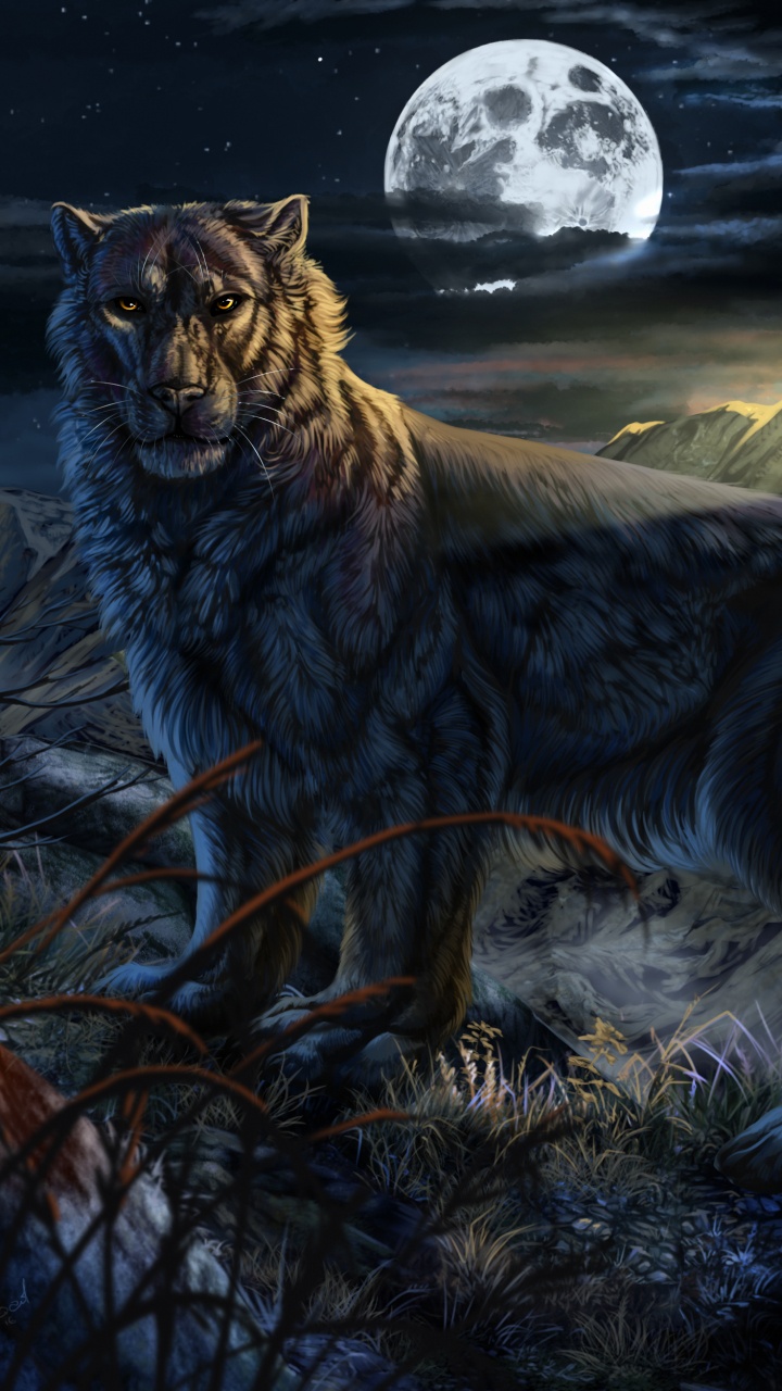 Обои живопись, арт, артист, небесное явление, волк в разрешении 720x1280