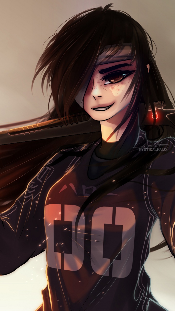 Обои сумасшедшая девушка, длинные волосы, женщина воин, артист, арт в разрешении 720x1280