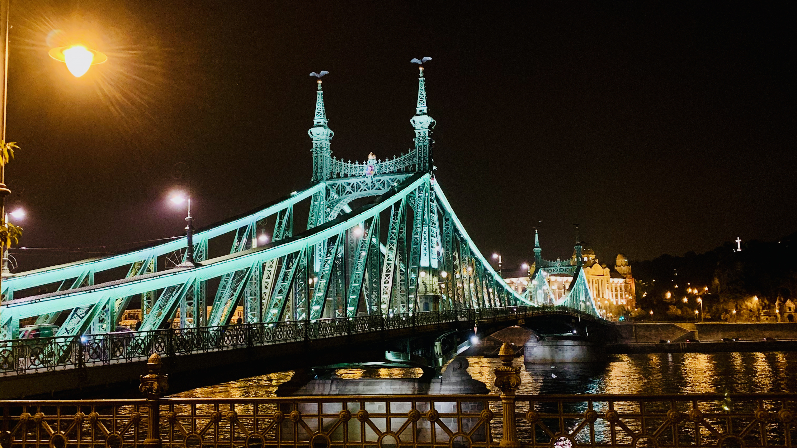 Обои Мост Свободы, вода, свет, уличный фонарь, электричество в разрешении 2560x1440